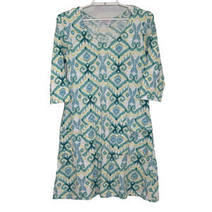 Fresh Produce Dalia Lightweight Dress Size XS Blue Green Ikat V-Neck Pockets